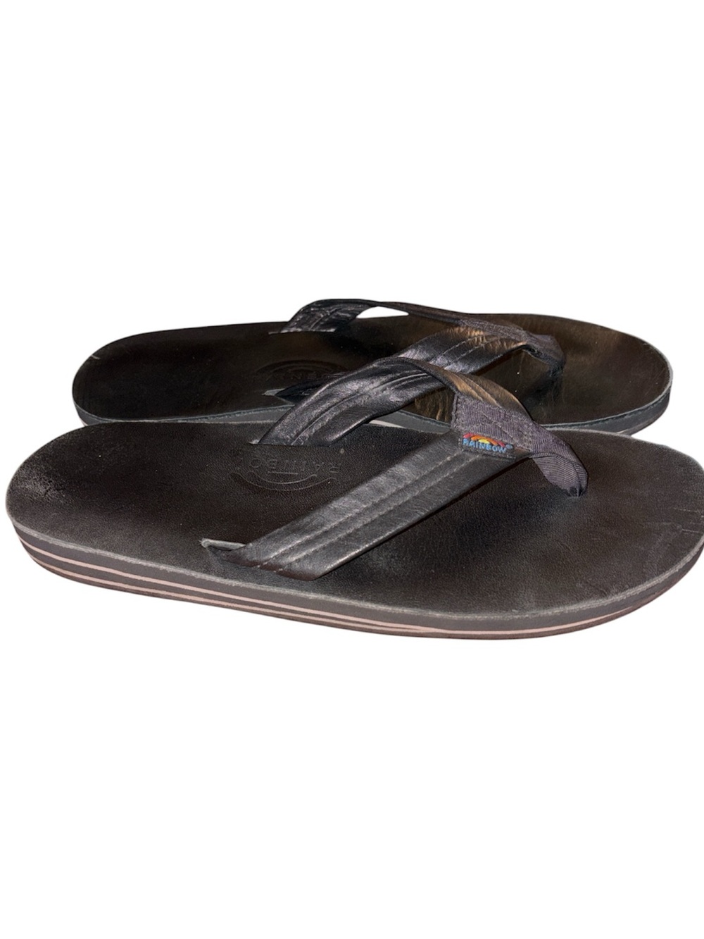 EUC Rainbow Flip Flops Mens Size XL (11-12) Black Leather Thong Slip On Sandals